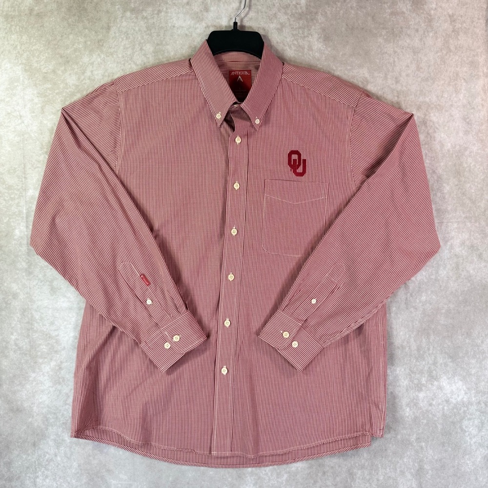 Antigua Oklahoma OU Shirt Mens Large Red Gingham Button Down Long Sleeve NCAA